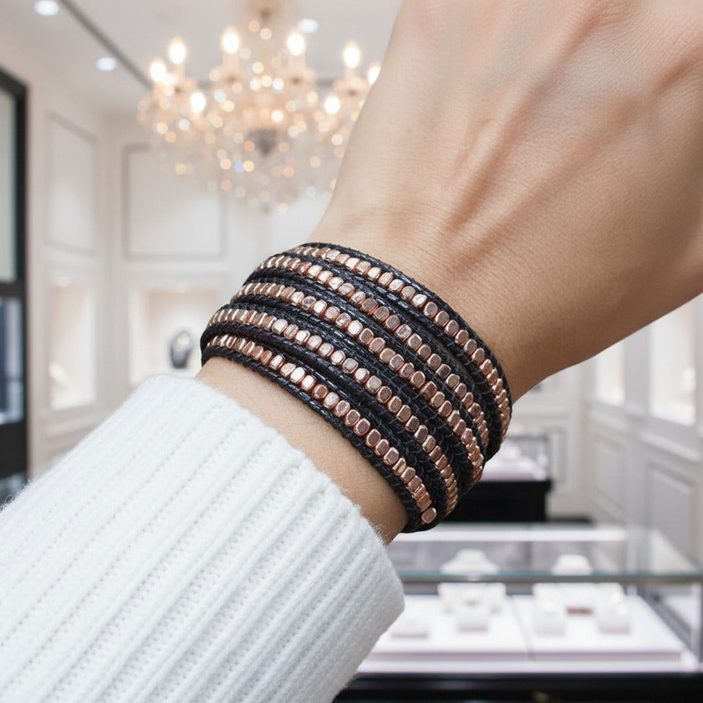 Bohemian Brass Bead 5 Wraps Statement Bracelet-Black Diamonds New York