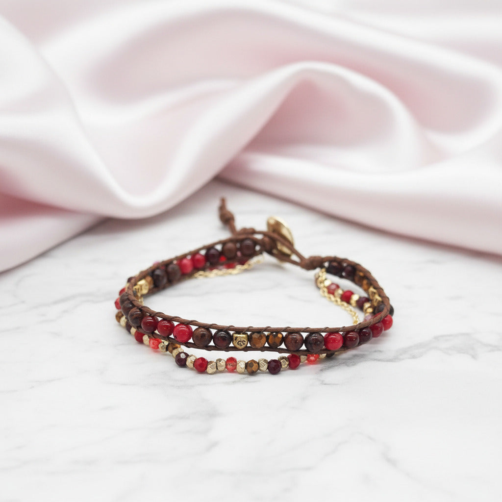 Bohemian Handmade Natural Stone and Brass Bead Wrap Bracelet Set-Black Diamonds New York