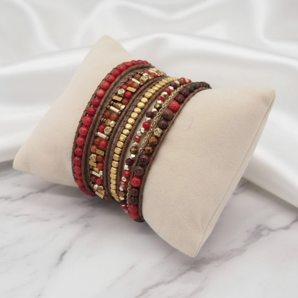 Bohemian Handmade Natural Stone and Brass Bead Wrap Bracelet Set-Black Diamonds New York