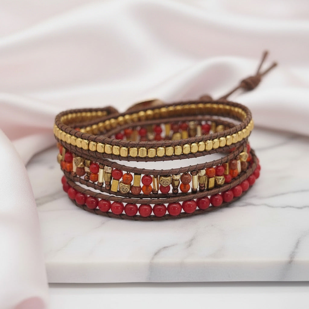 Bohemian Handmade Natural Stone and Brass Bead Wrap Bracelet Set-Black Diamonds New York