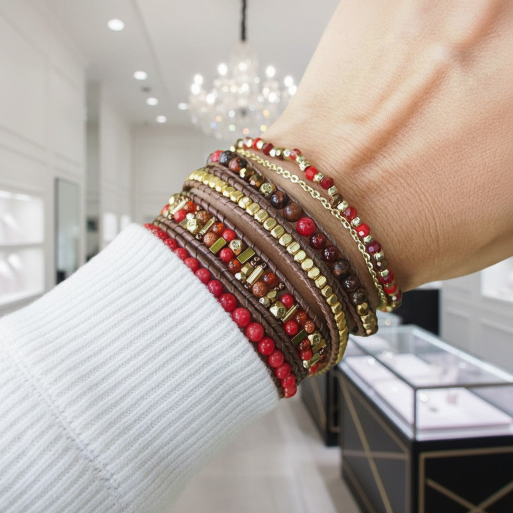 Bohemian Handmade Natural Stone and Brass Bead Wrap Bracelet Set-Black Diamonds New York