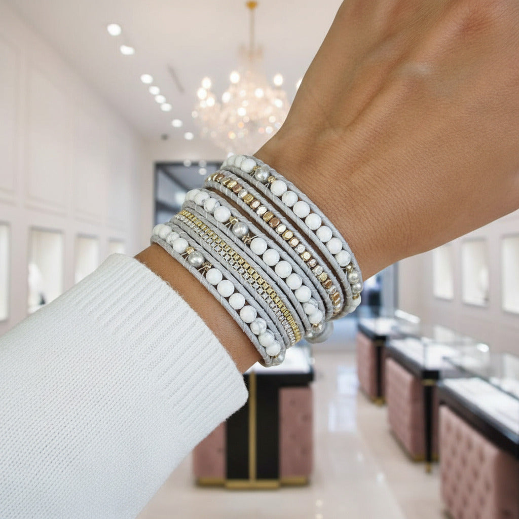 Boho chic White Mixed Howlite Wrap Beadwork Bracelet-Black Diamonds New York