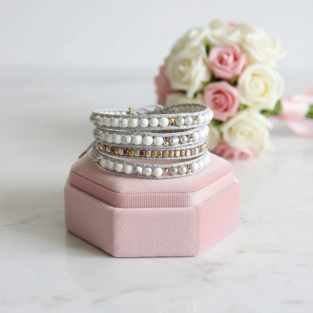 Boho chic White Mixed Howlite Wrap Beadwork Bracelet-Black Diamonds New York