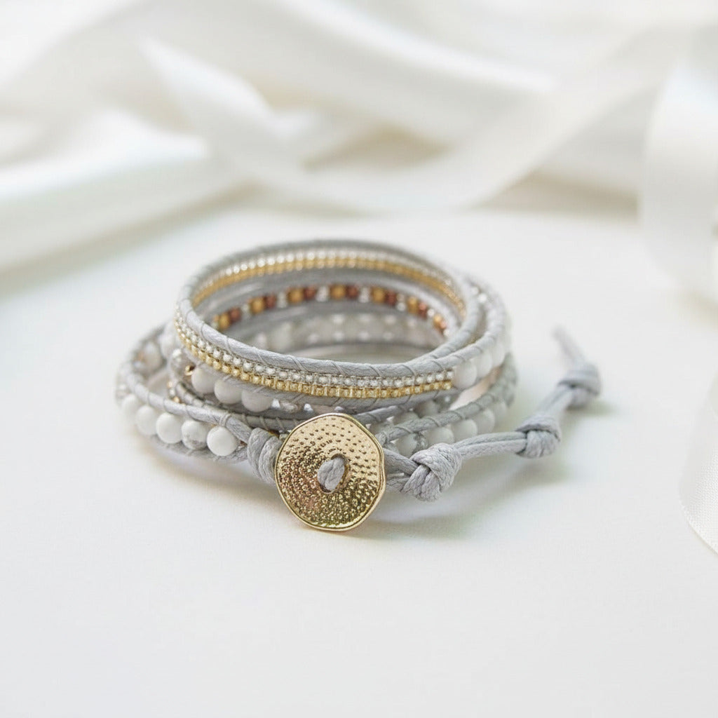 Boho chic White Mixed Howlite Wrap Beadwork Bracelet-Black Diamonds New York