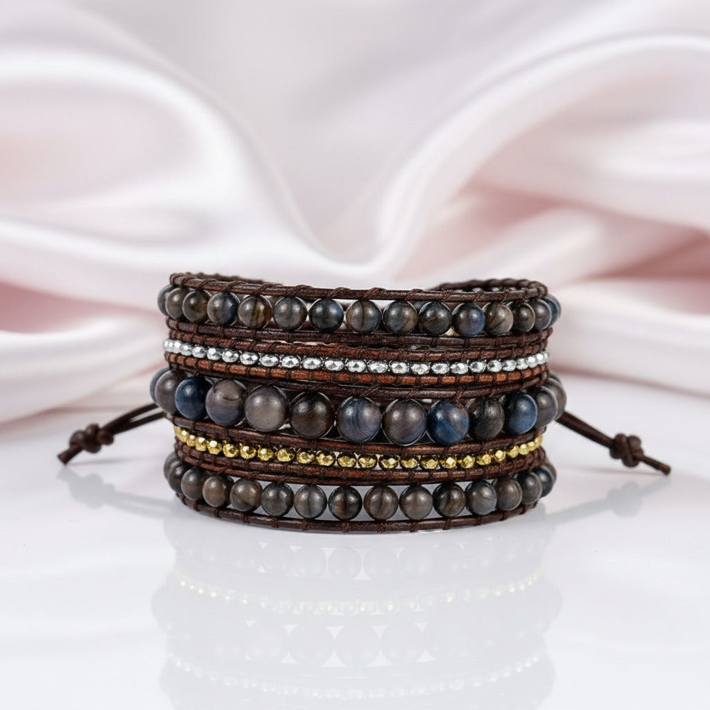 Boho Handmade Leather 5 Wraps Hematite Bracelet-Black Diamonds New York