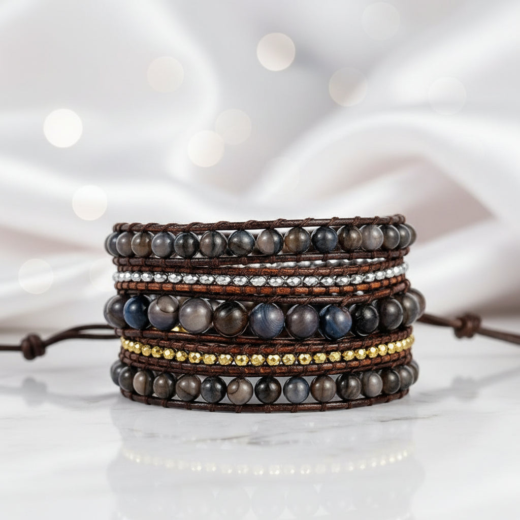 Boho Handmade Leather 5 Wraps Hematite Bracelet-Black Diamonds New York