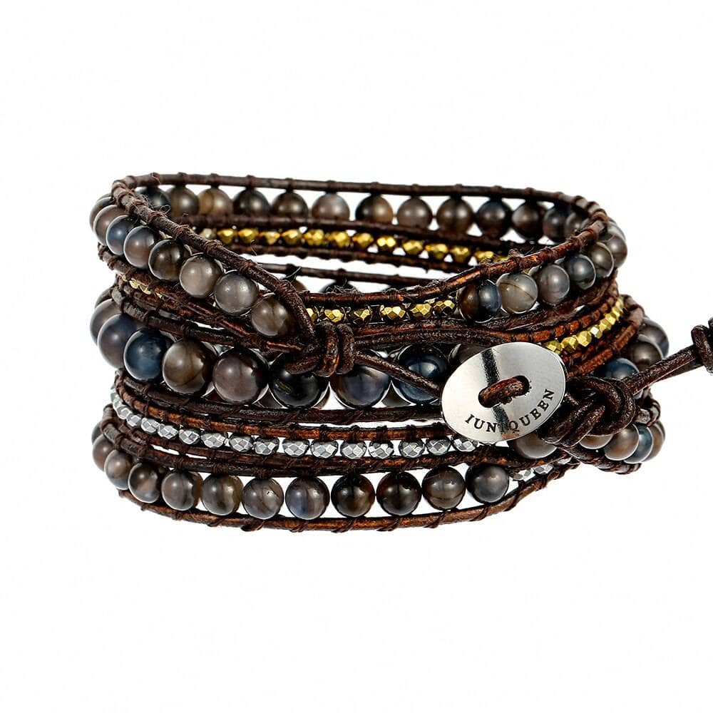 Boho Handmade Leather 5 Wraps Hematite Bracelet-Black Diamonds New York