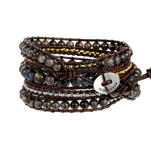 Boho Handmade Leather 5 Wraps Hematite Bracelet