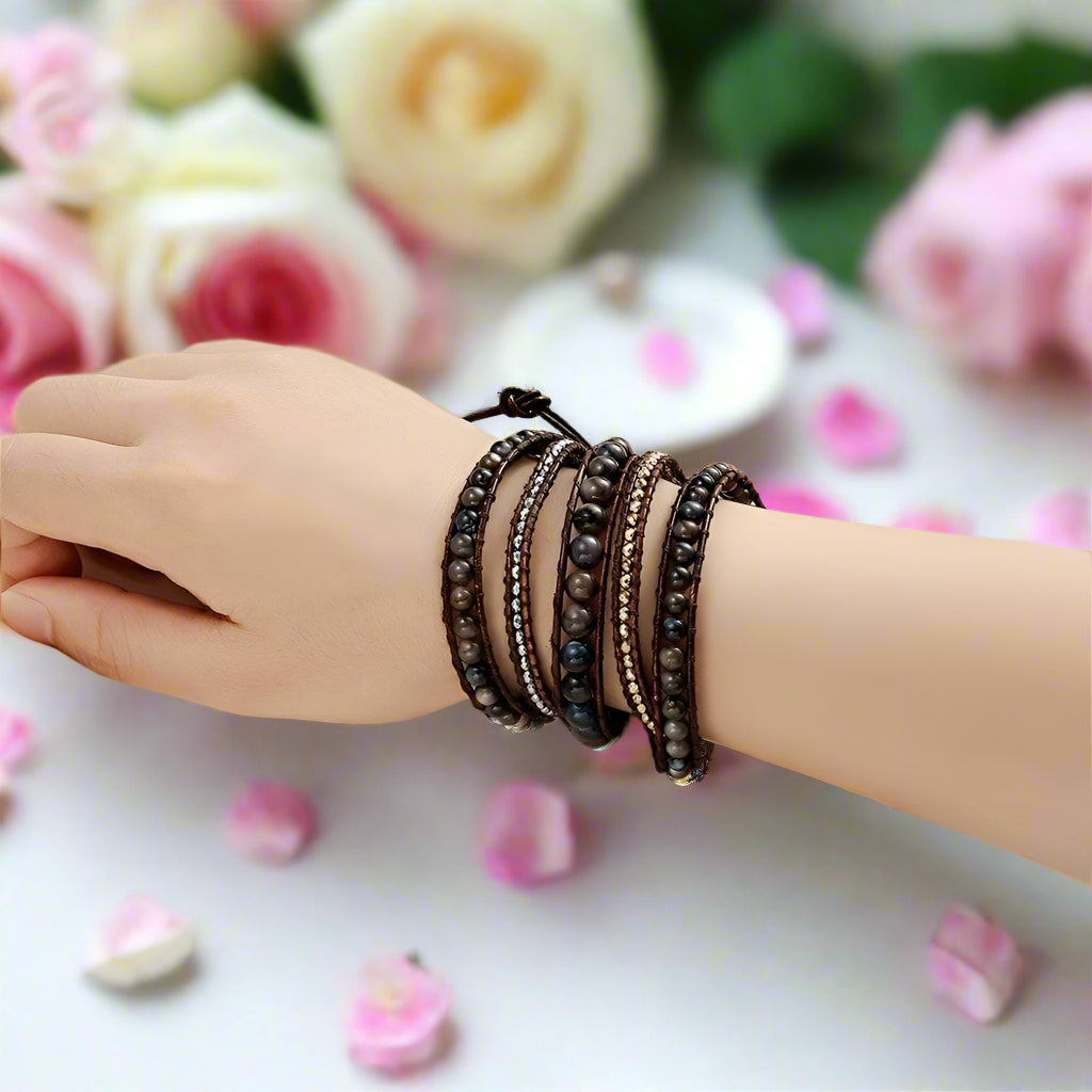 Boho Handmade Leather 5 Wraps Hematite Bracelet-Black Diamonds New York