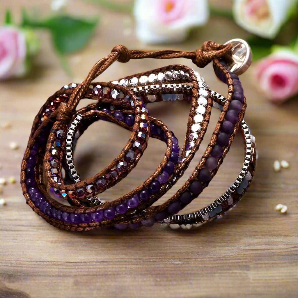 Boho Natural Stone Beadwork 5 Wraps Stainless Steel-Black Diamonds New York