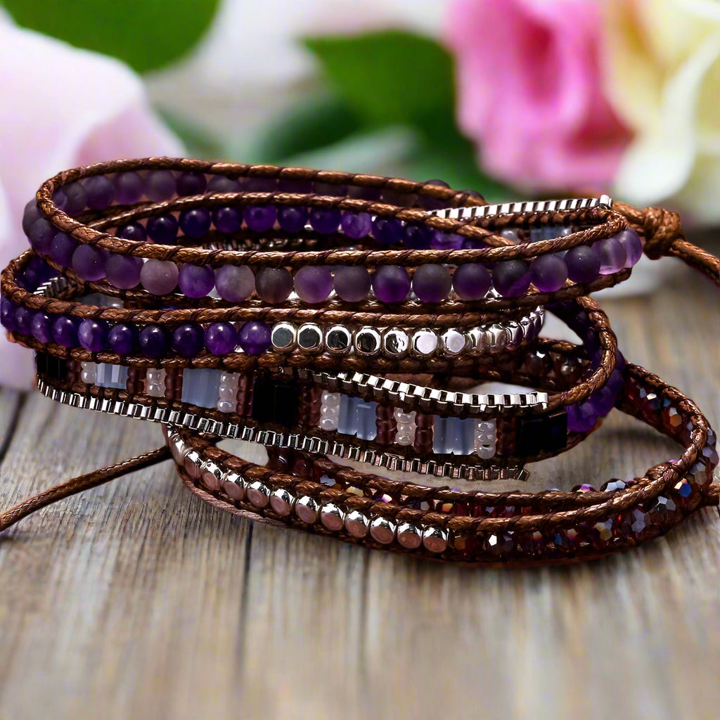 Boho Natural Stone Beadwork 5 Wraps Stainless Steel-Black Diamonds New York