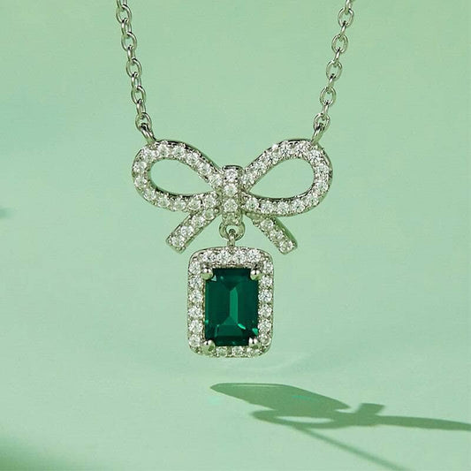 Bow knot Christmas Lab Grown Emerald Gemstone Necklace-Black Diamonds New York
