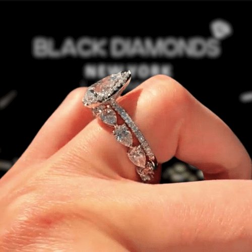 Bridal Set Halo Pear Cut Engagement Ring - Black Diamonds New York
