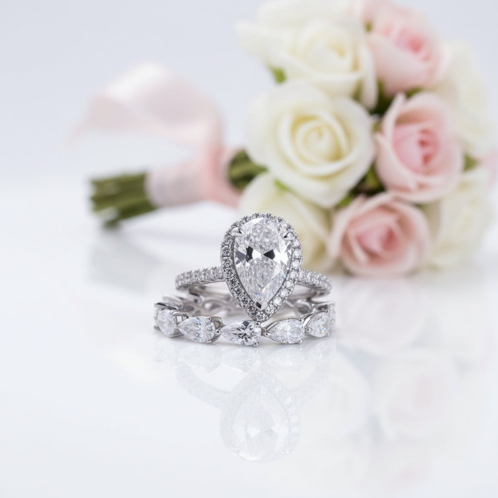 Bridal Set Halo Pear Cut Engagement Ring-Black Diamonds New York