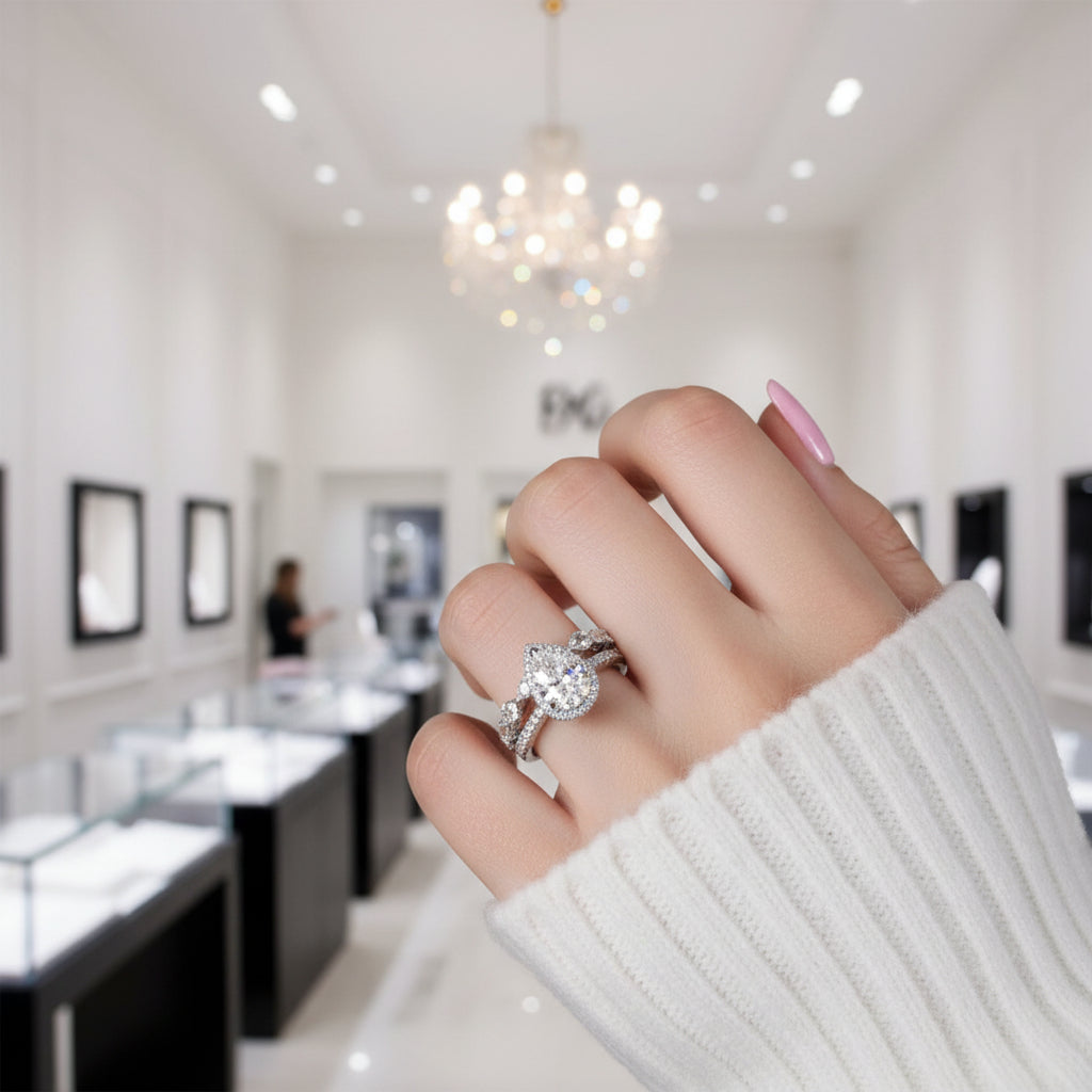 Bridal Set Halo Pear Cut Engagement Ring-Black Diamonds New York