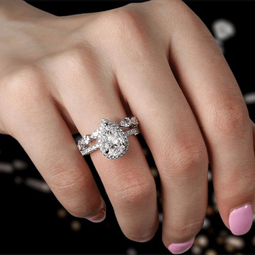 Bridal Set Halo Pear Cut Engagement Ring-Black Diamonds New York