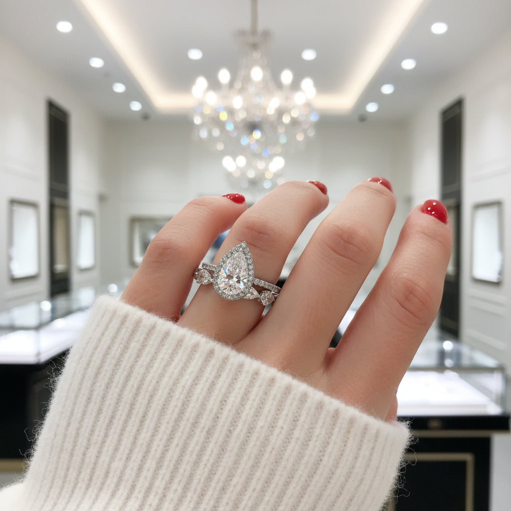 Bridal Set Halo Pear Cut Engagement Ring-Black Diamonds New York