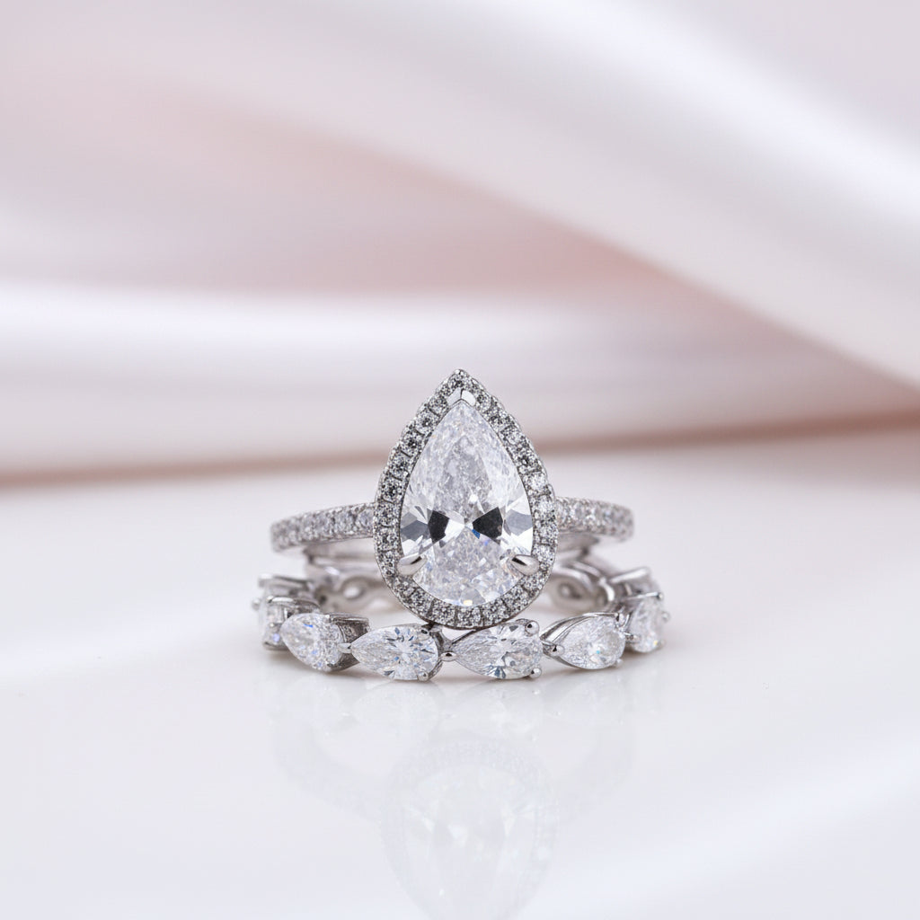 Bridal Set Halo Pear Cut Engagement Ring-Black Diamonds New York