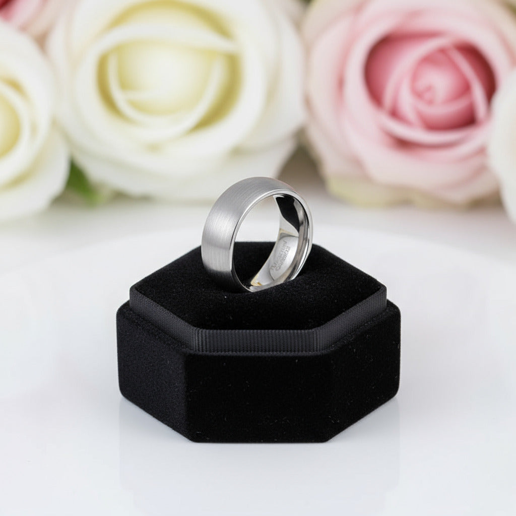 Brushed Dome Tungsten Carbide Men's Wedding Band-Black Diamonds New York