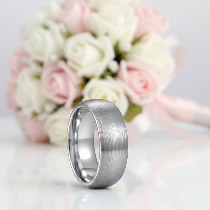Brushed Dome Tungsten Carbide Men's Wedding Band-Black Diamonds New York
