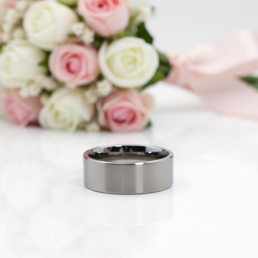 Brushed Flat Pure Titanium Men's Wedding Ring-Black Diamonds New York