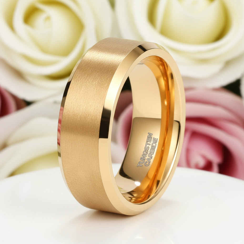 Brushed Gold Plated Tungsten Men's Wedding Band-Black Diamonds New York