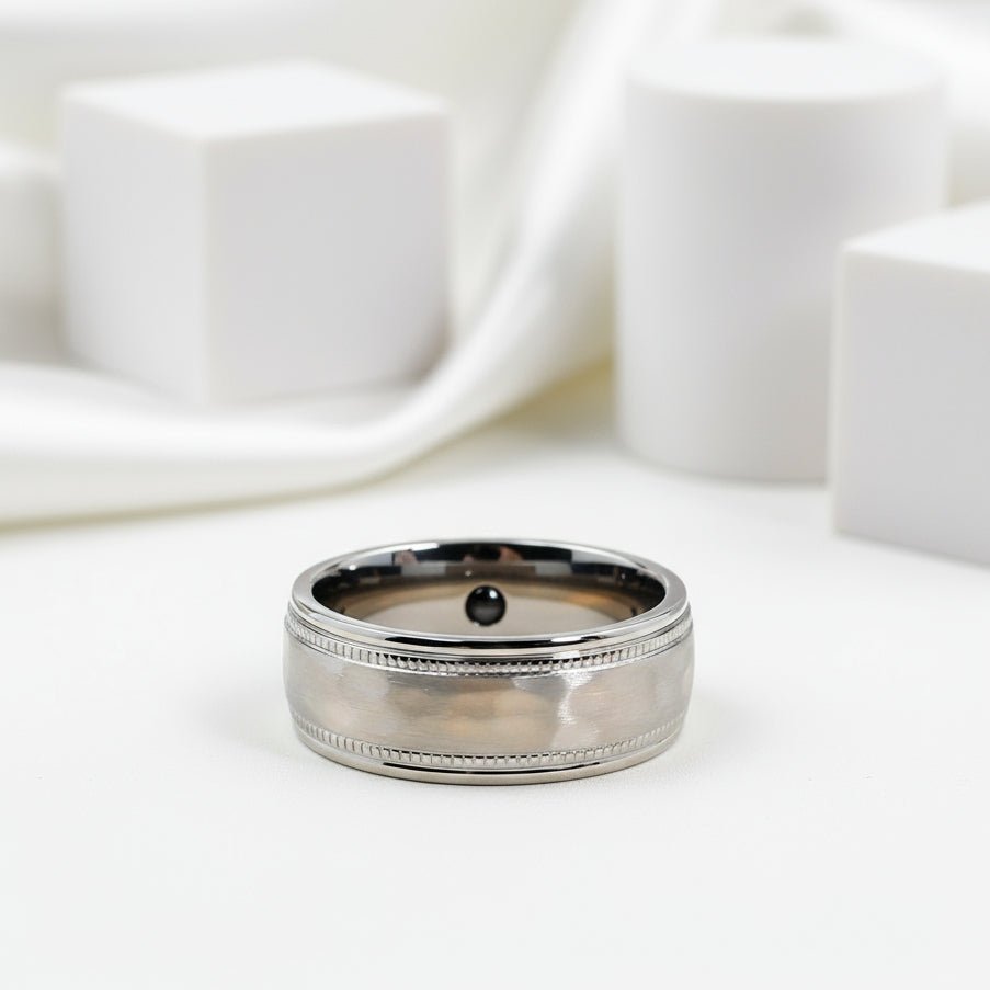 Brushed Hammer Pure Titanium Wedding Band with Germanium Stone Inlay-Black Diamonds New York