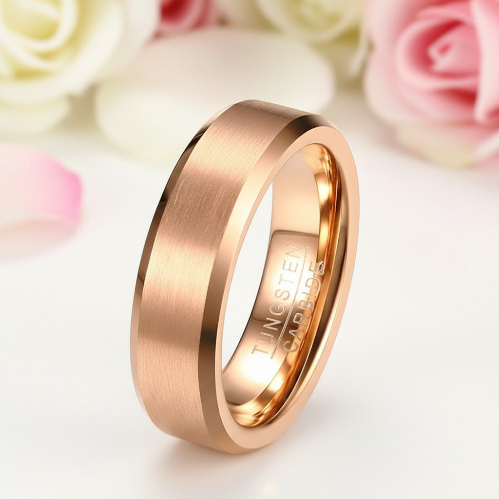 Brushed Rose Gold Tungsten Wedding Band-Black Diamonds New York
