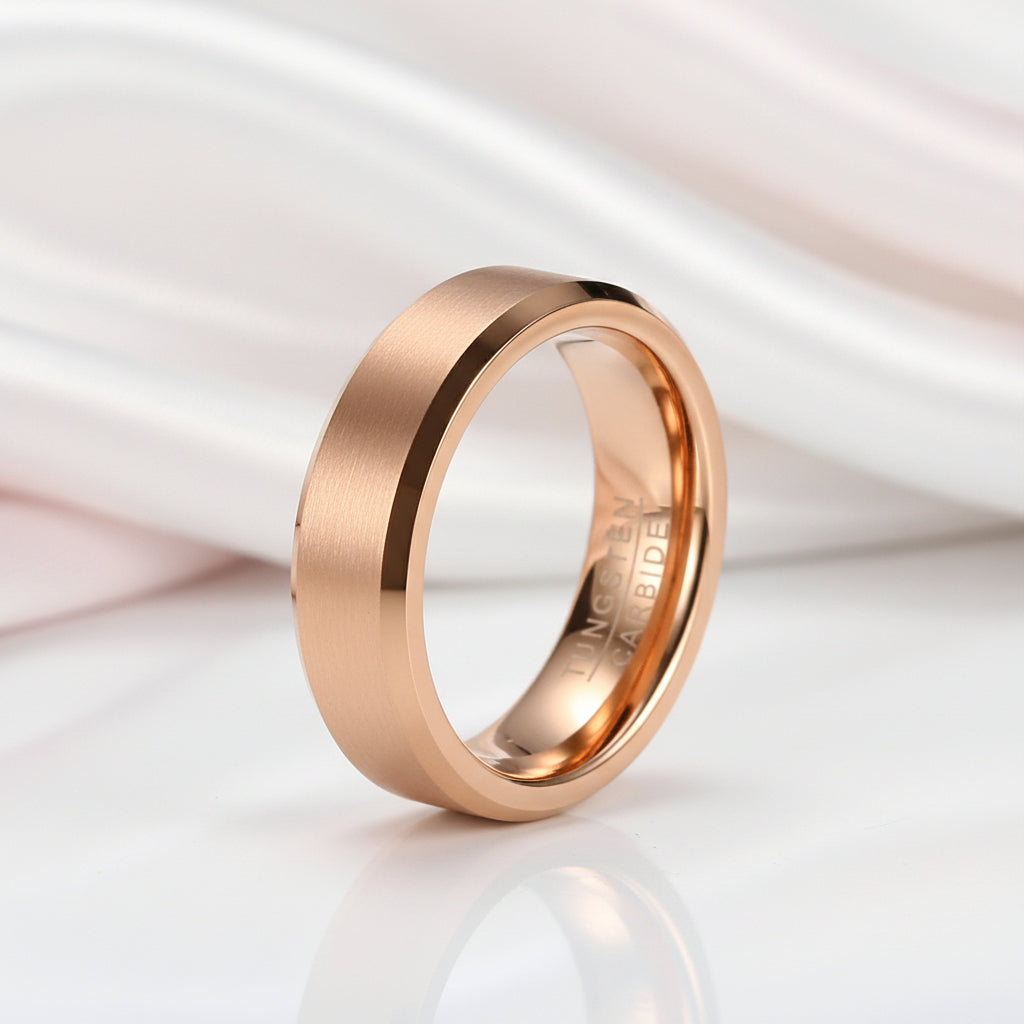 Brushed Rose Gold Tungsten Wedding Band-Black Diamonds New York
