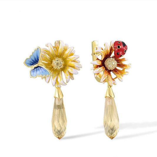 Butterfly & Bug Enamel Flower Drop Earrings with Created Diamonds-Black Diamonds New York