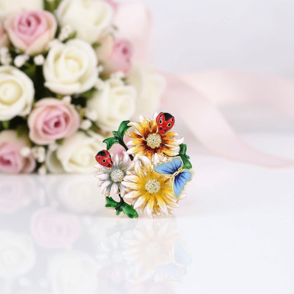 Butterfly, Ladybug, and Flower with Diamond Option Ring-Black Diamonds New York