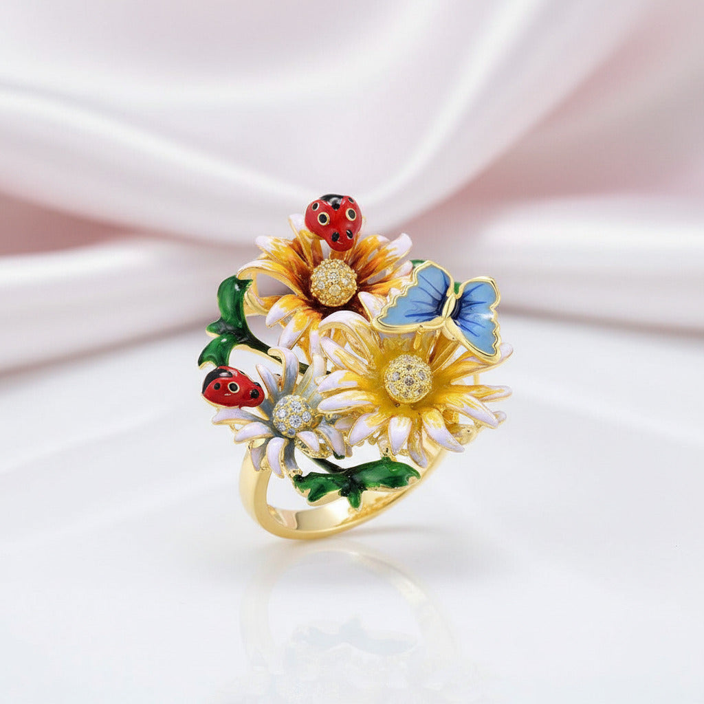Butterfly, Ladybug, and Flower with Diamond Option Ring-Black Diamonds New York