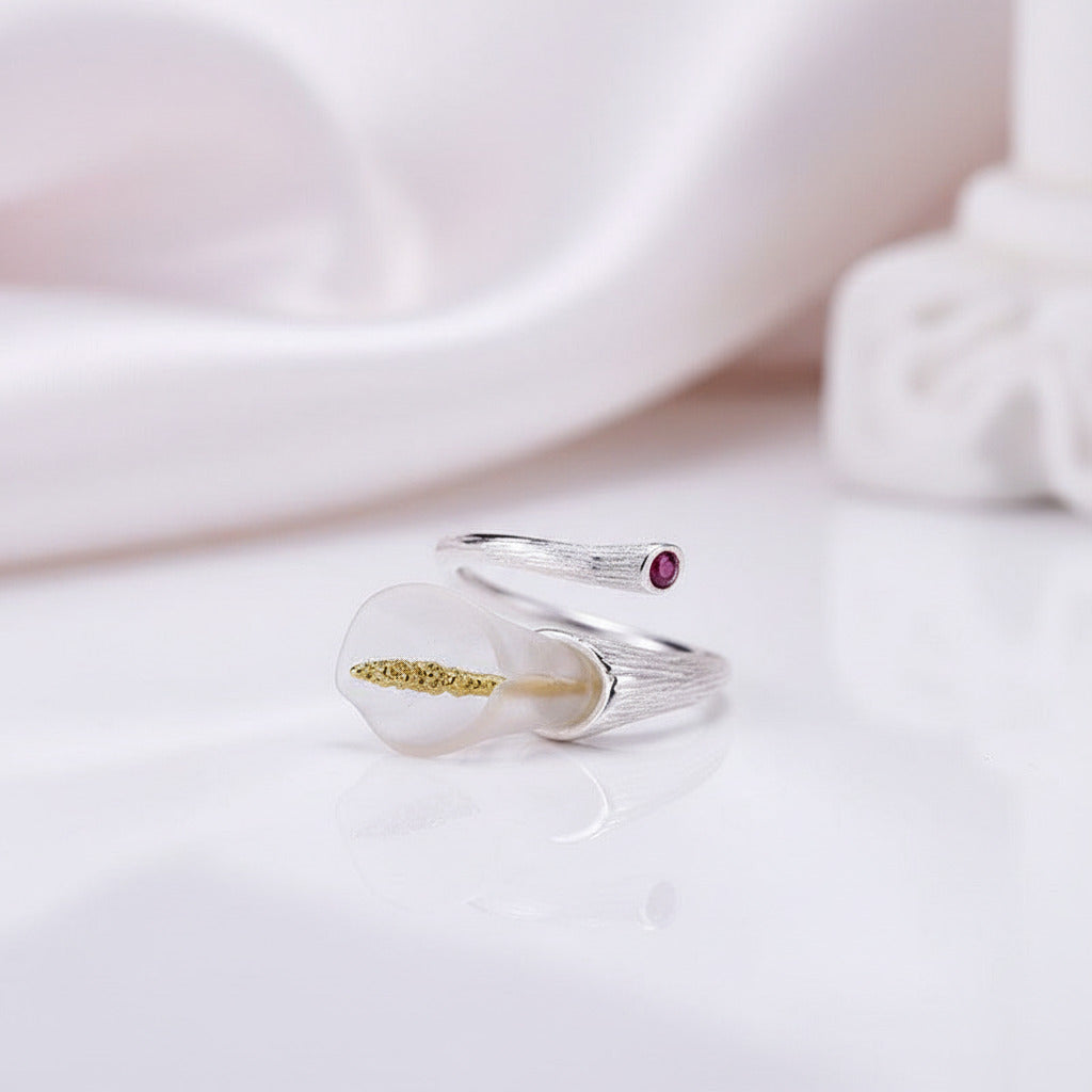 Calla Lily Flower Adjustable Ring-Black Diamonds New York