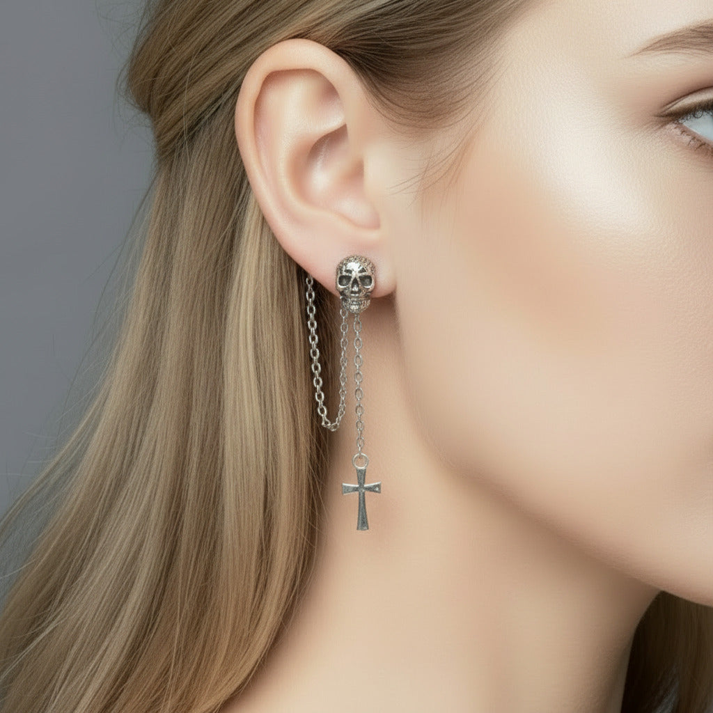 Candy Skull With Cross Stud Earrings-Black Diamonds New York