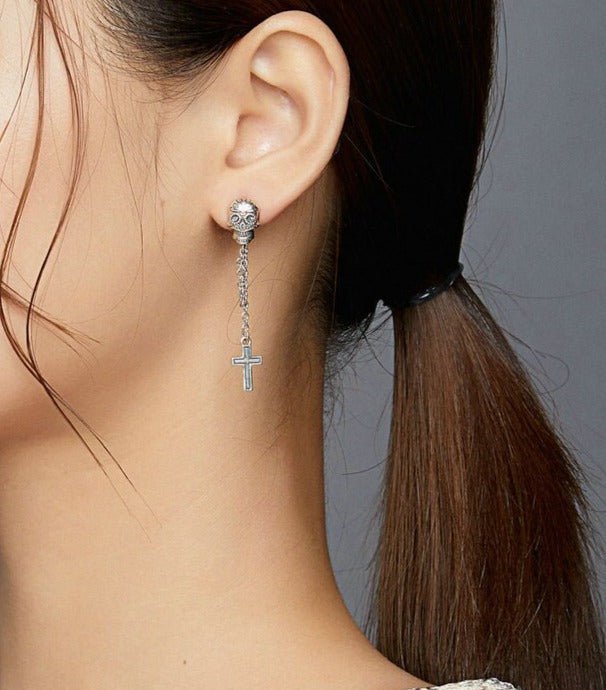 Wostu 2020 Authentic 925 Sterling Silver Skull with Cross Stud Earrings for Women Oxidized Silver ear Jewelry BSE419 - Black Diamonds New York