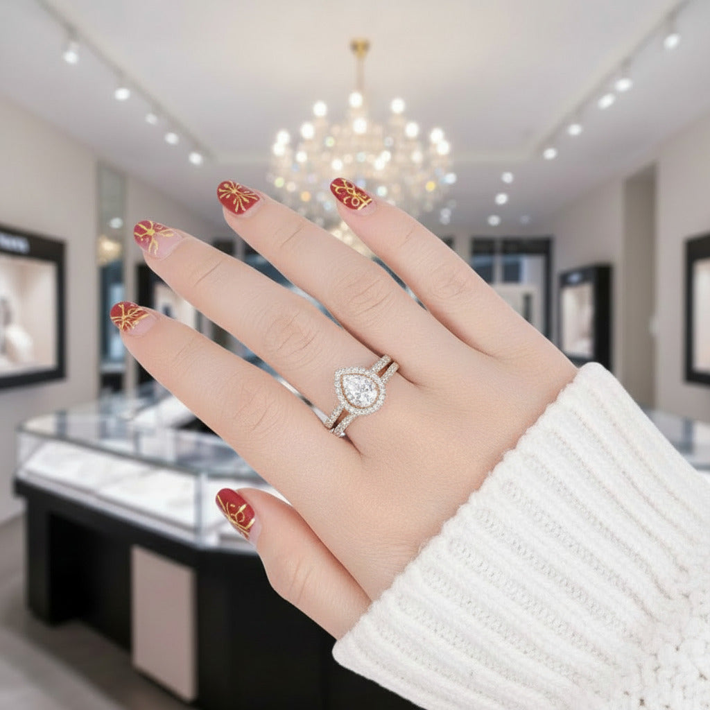 Pear-Cut Diamond Option Halo Engagement Ring Set-Black Diamonds New York