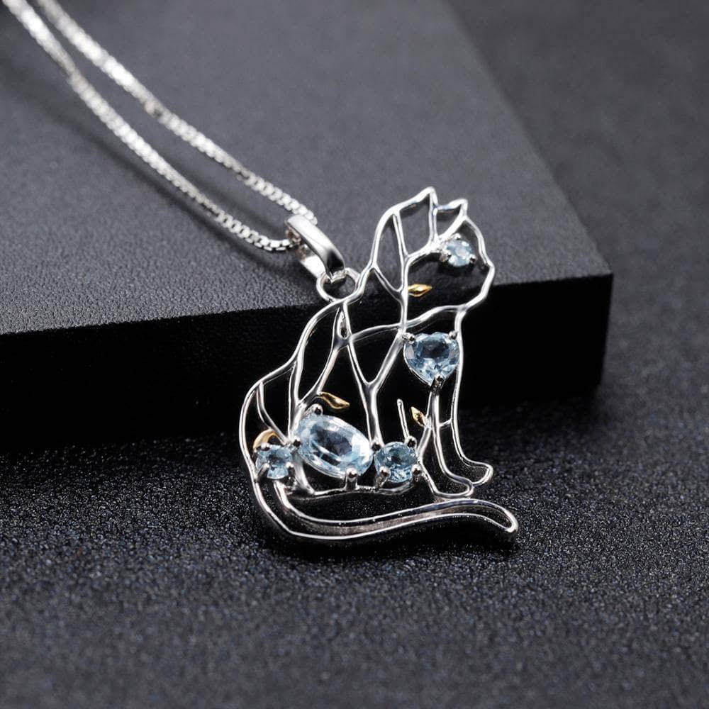 Cat Shape Natural Sky Blue Topaz Handmade Pendant Necklace-Black Diamonds New York