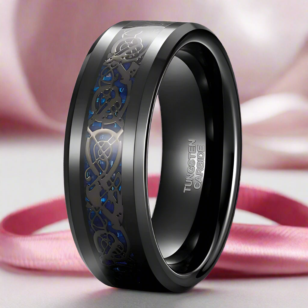 Celtic Dragon Men's 8mm Tungsten Wedding Band-Black Diamonds New York