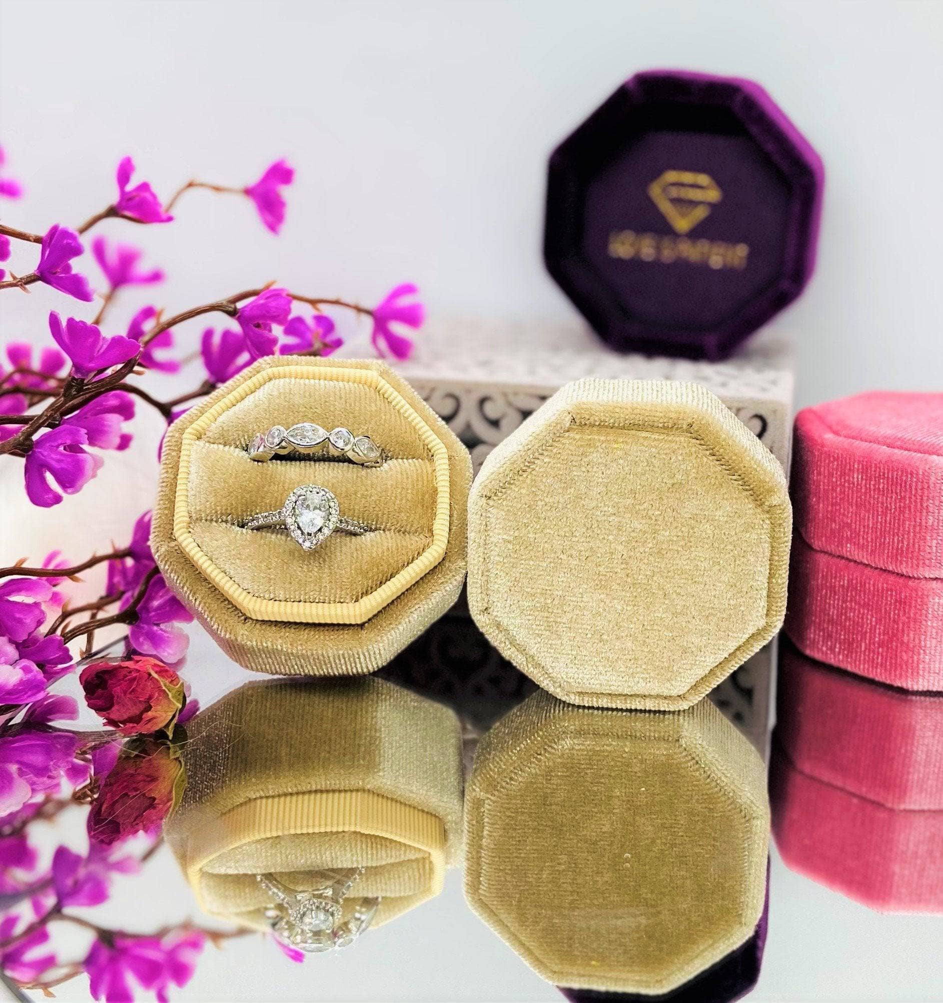 Champagne Love Is Patient Double Ring Slots Octagon Velvet Ring Box-Black Diamonds New York