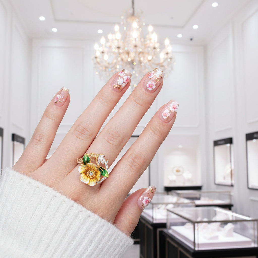 Charming Yellow Enamel Flower Ring-Black Diamonds New York