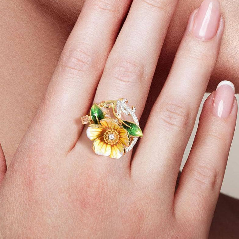 Charming Yellow Enamel Flower Ring-Black Diamonds New York
