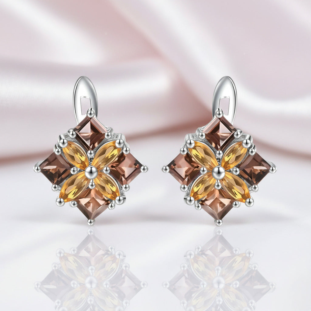 Citrine & Smoky Quartz Flower Stud Earrings-Black Diamonds New York