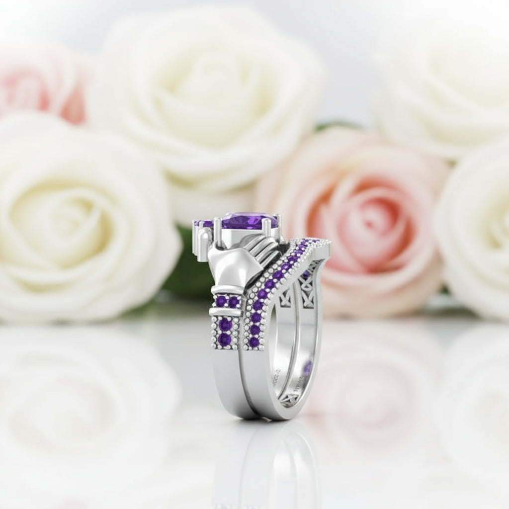 Claddagh Wedding Ring Set in Purple Diamond-Black Diamonds New York