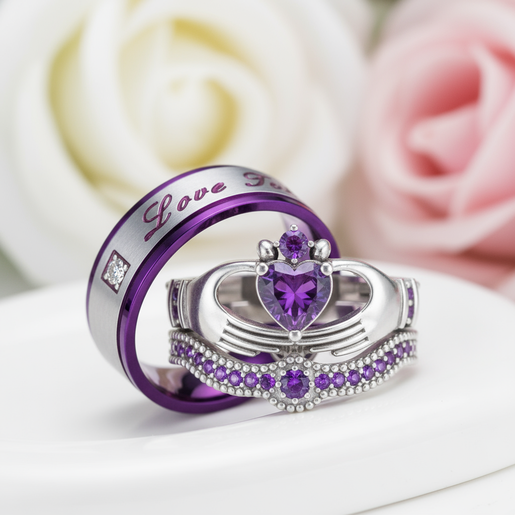 Claddagh Wedding Ring Set in Purple Diamond-Black Diamonds New York