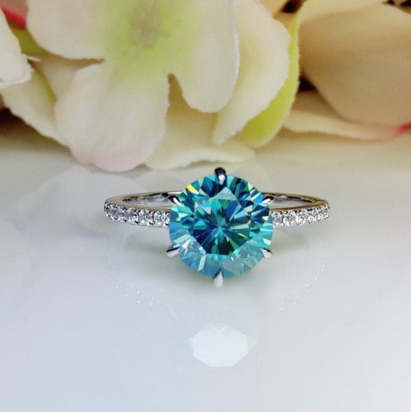 Classic 6 Prong Round Cut Light Aquamarine Blue Engagement Ring-Black Diamonds New York