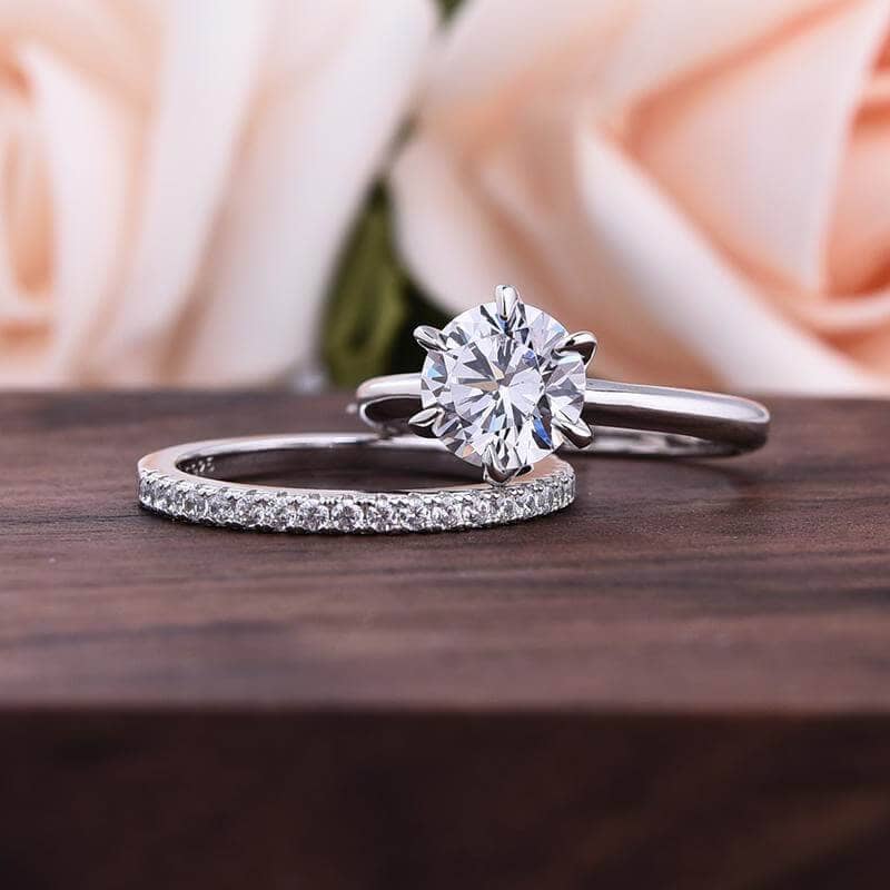 Classic 6 Prong Round Cut Women's Wedding Ring Set In White Gold-Black Diamonds New York