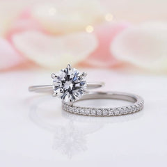 Classic 6 Prong Round Cut Women's Wedding Ring Set In White Gold