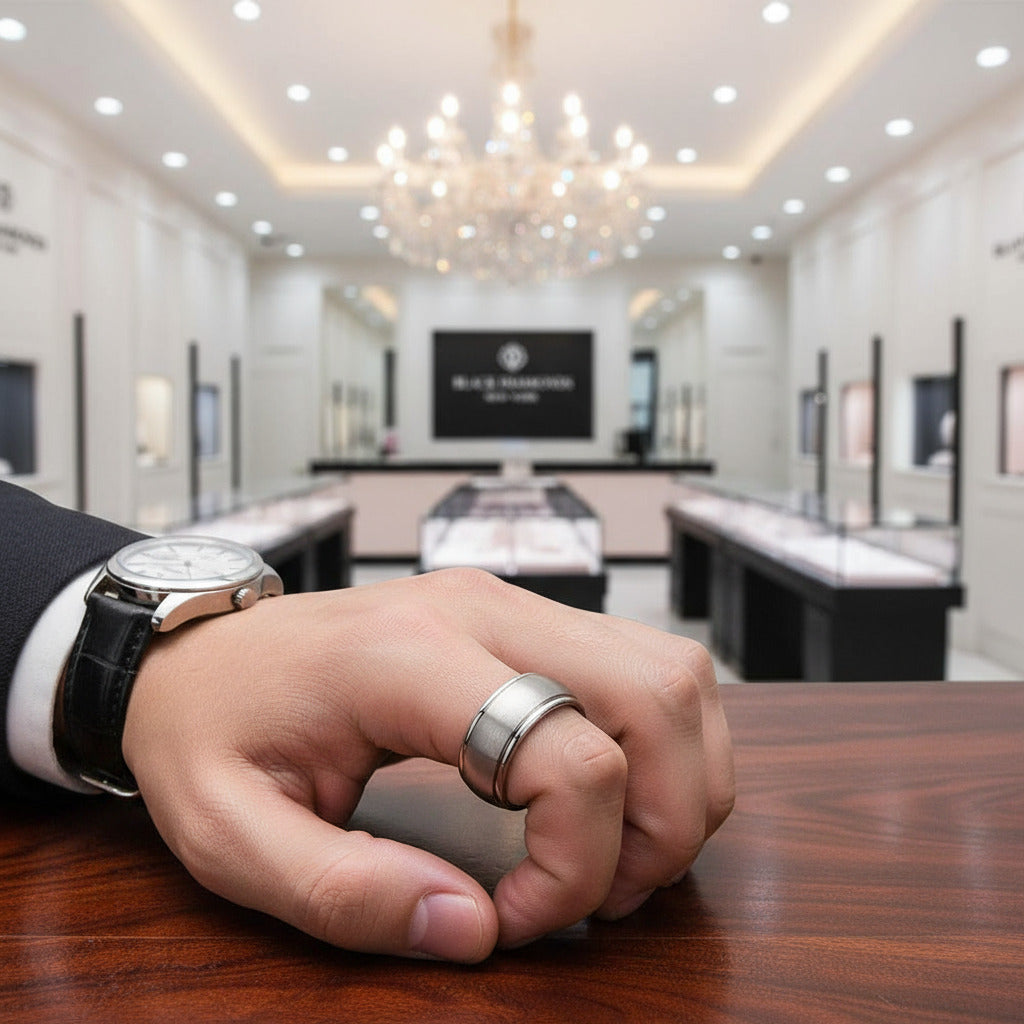 Classic 8mm Matte Titanium Men's Wedding Band-Black Diamonds New York