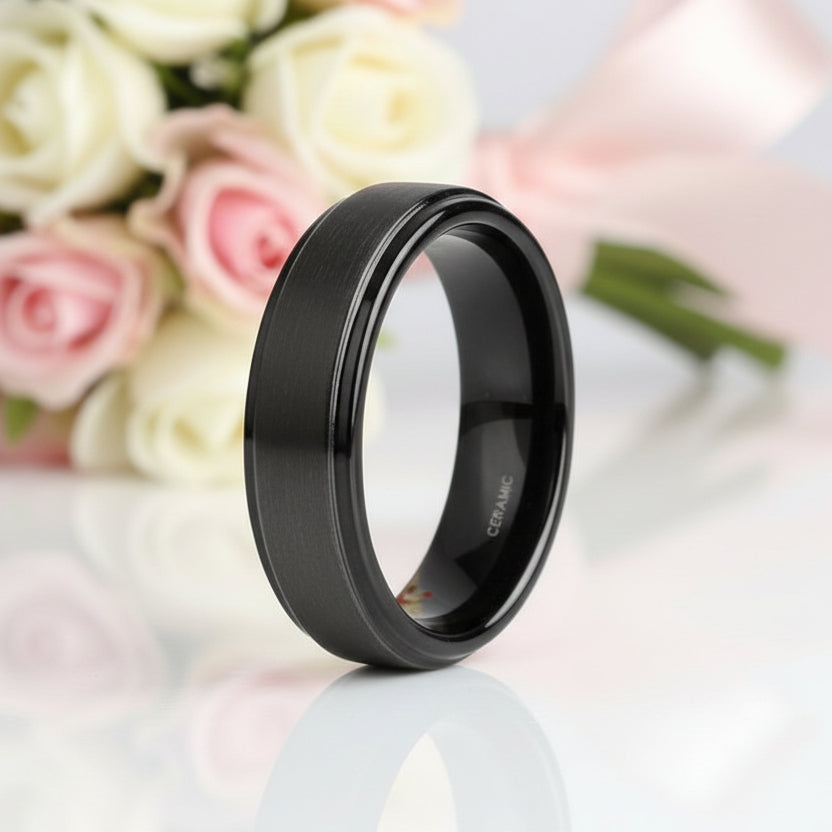 Classic Black Ceramic Wedding Band-Black Diamonds New York