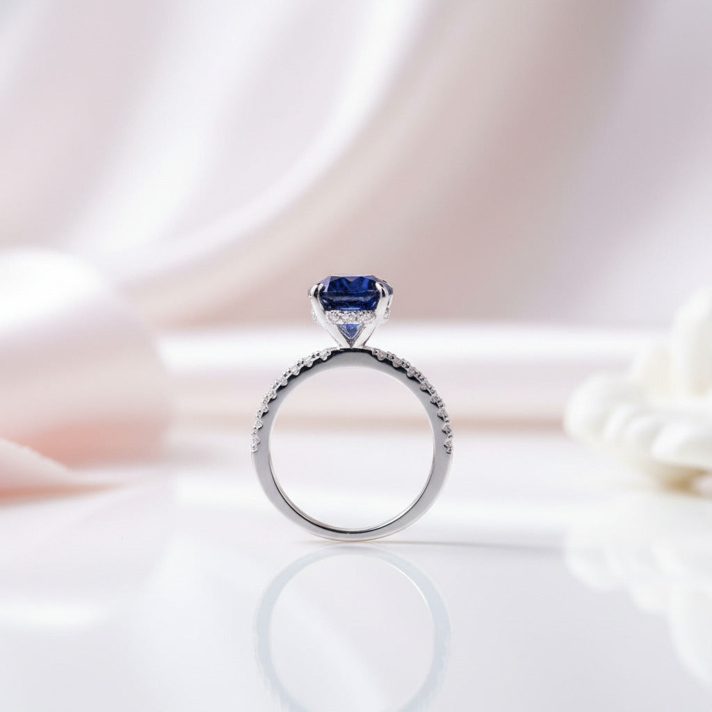 Classic Blue Sapphire Oval Cut Engagement Ring Set-Black Diamonds New York